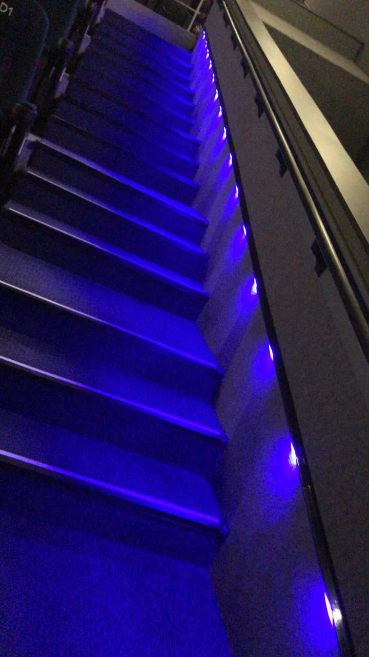 Escalinata de cine con guía LED azul, vista de acceso